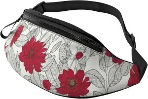 Crossbody Fanny Packs for Women Men - Leaves Anemone Flowers Red Grey Running Waist Bag Travel Belt Bag for Women Men