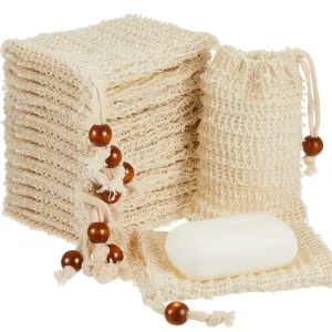Cunhill 60 Pack Soap Saver Bag Exfoliating Sisal Soap Pouch with Drawstring Bar Wooden Bead Foaming and Drying Exfoliating Net for Bath and Shower