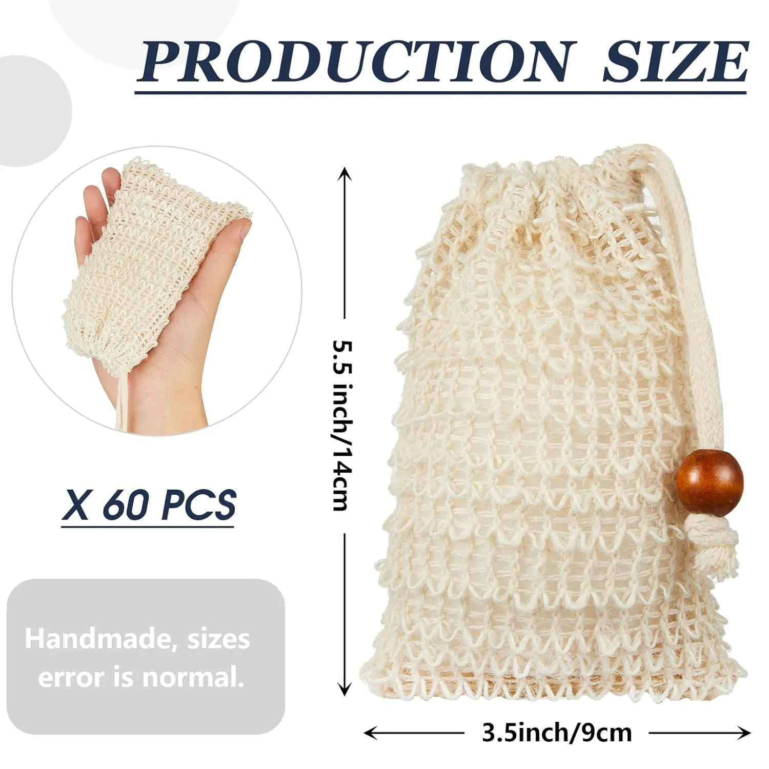 Cunhill 60 Pack Soap Saver Bag Exfoliating Sisal Soap Pouch with Drawstring Bar Wooden Bead Foaming and Drying Exfoliating Net for Bath and Shower