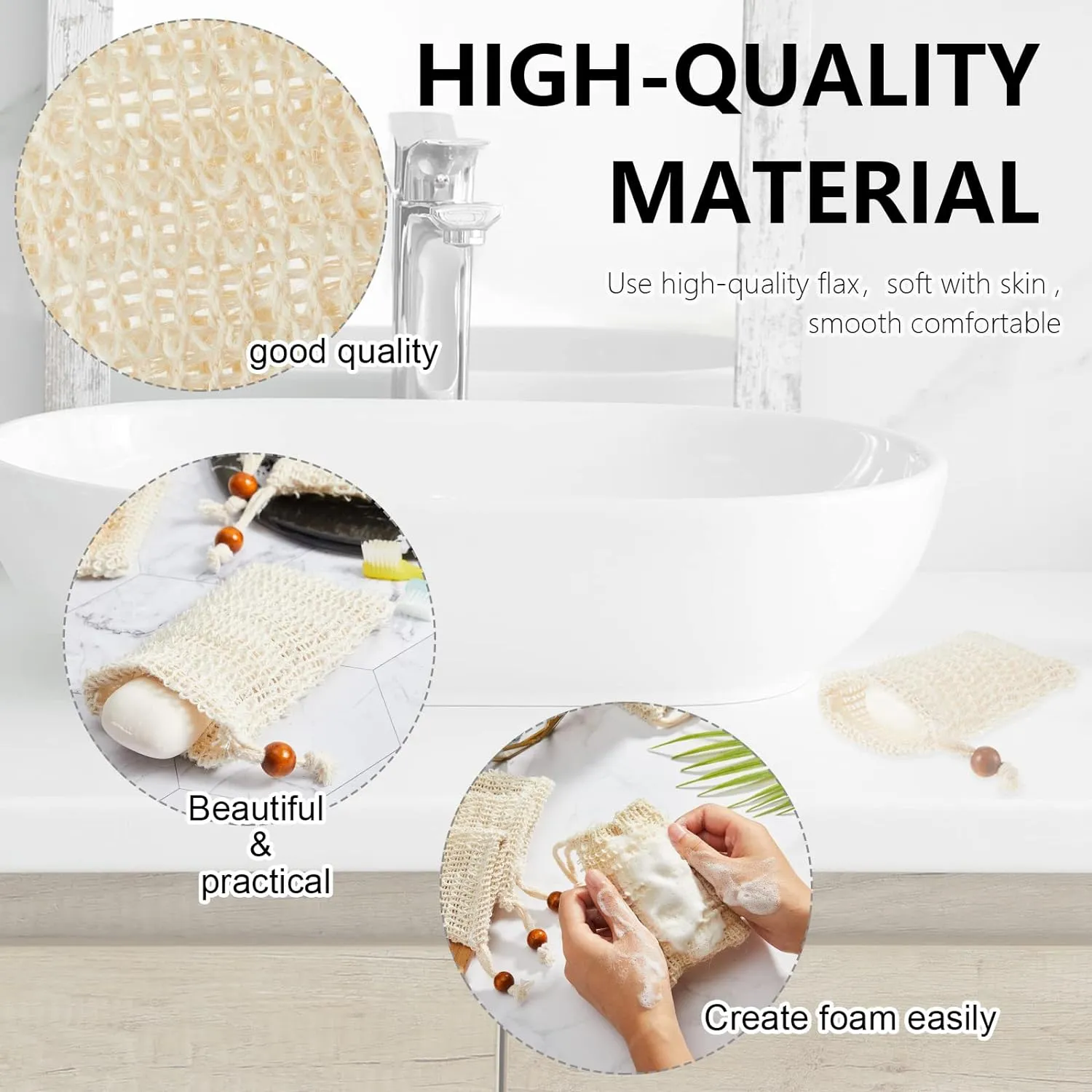 Cunhill 60 Pack Soap Saver Bag Exfoliating Sisal Soap Pouch with Drawstring Bar Wooden Bead Foaming and Drying Exfoliating Net for Bath and Shower