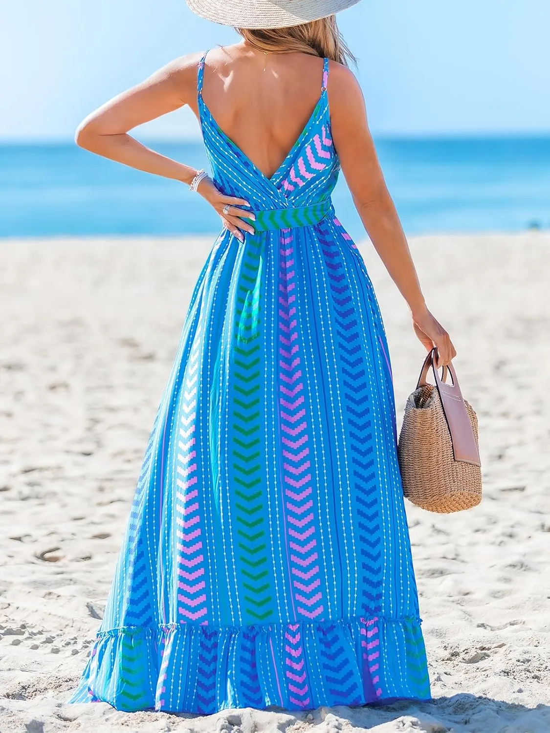 CUPSHE Women Maxi Dresses Spaghetti Straps V Neck Sleeveless Belted Beach Boho Ruffled Summer Pockets Vacation Casual Dress