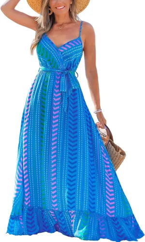 CUPSHE Women Maxi Dresses Spaghetti Straps V Neck Sleeveless Belted Beach Boho Ruffled Summer Pockets Vacation Casual Dress