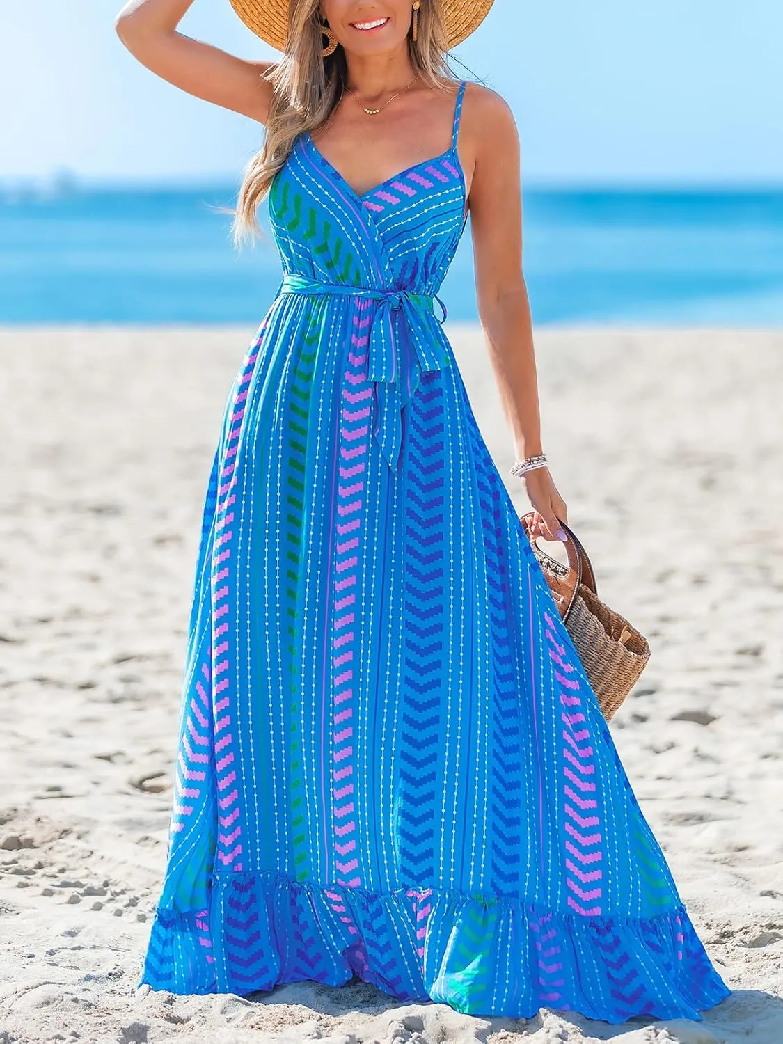 CUPSHE Women Maxi Dresses Spaghetti Straps V Neck Sleeveless Belted Beach Boho Ruffled Summer Pockets Vacation Casual Dress