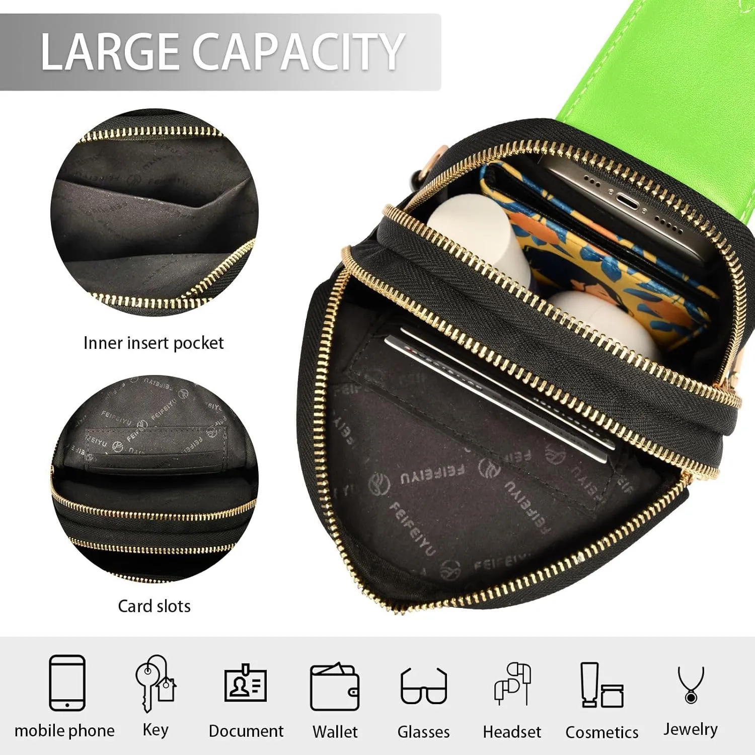 Custom Bright Green Sling Bag for Women Personalized Leather Crossbody Bags Fanny Pack Purse Crossbody Belt Bag with Adjustable Strap for Travel Women
