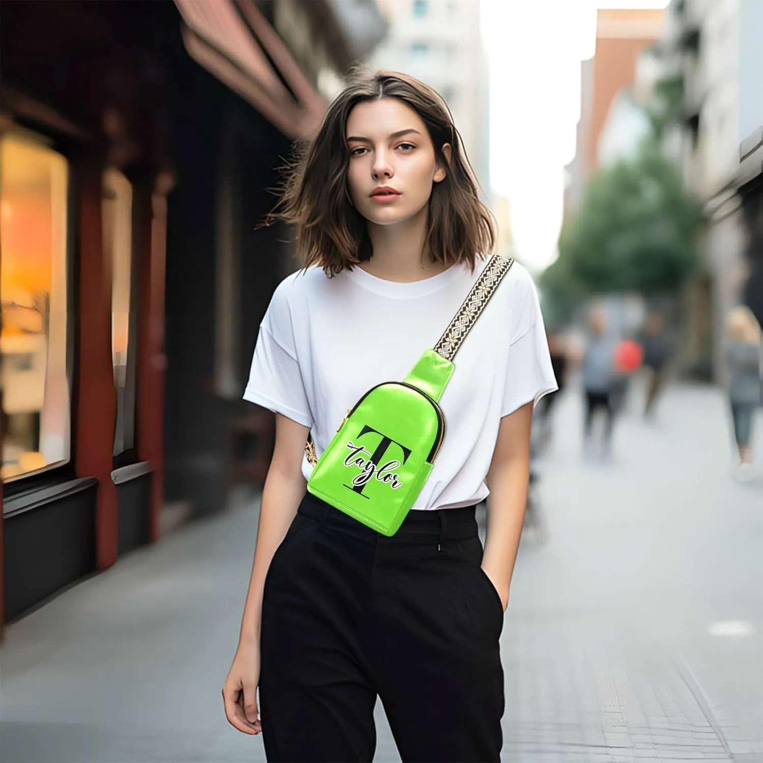 Custom Bright Green Sling Bag for Women Personalized Leather Crossbody Bags Fanny Pack Purse Crossbody Belt Bag with Adjustable Strap for Travel Women