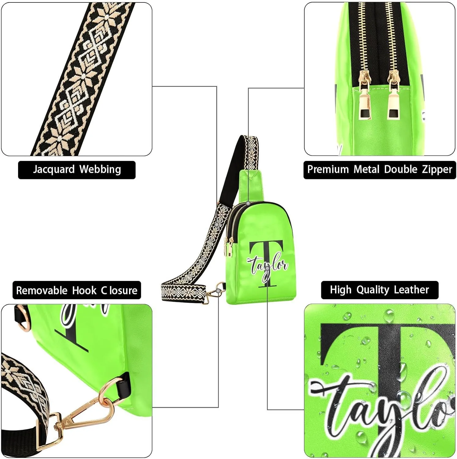 Custom Bright Green Sling Bag for Women Personalized Leather Crossbody Bags Fanny Pack Purse Crossbody Belt Bag with Adjustable Strap for Travel Women