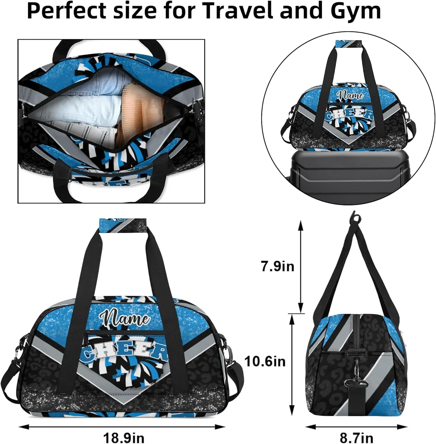 Custom Cheer Duffel Bag for Women, Personalized Cheer Bag for Cheerleader, Duffle Bag with Name, Cheerleading Gym Bag (Blue&Black)