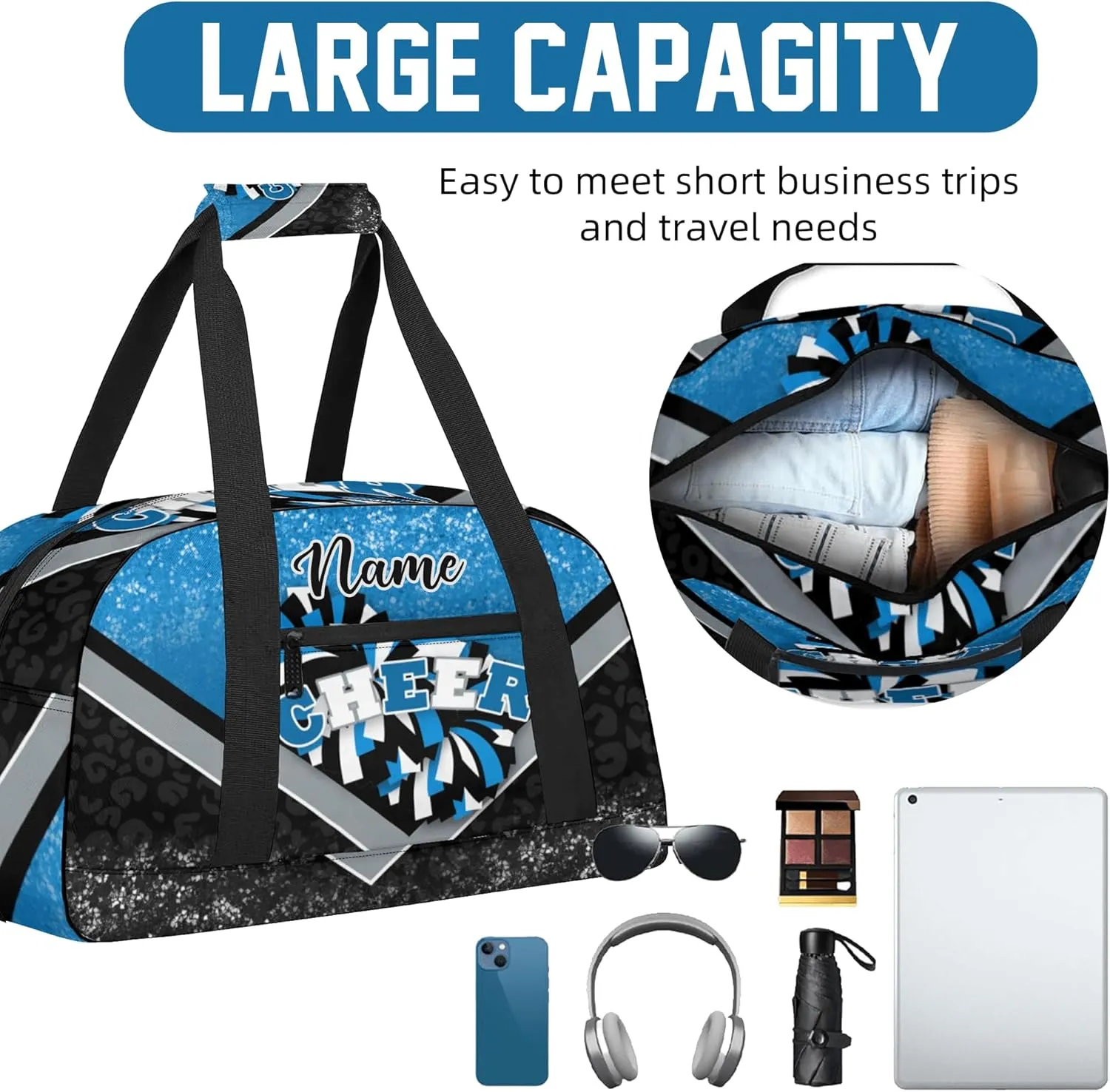 Custom Cheer Duffel Bag for Women, Personalized Cheer Bag for Cheerleader, Duffle Bag with Name, Cheerleading Gym Bag (Blue&Black)