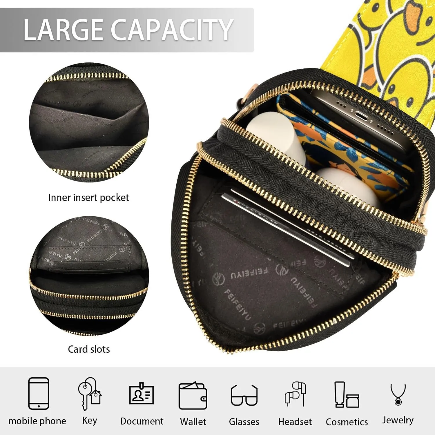 Custom Sling Bag for Women Yellow Duck Personalized Leather Crossbody Shoulder Bags Casual Backpack Chest Bag Hiking Daypack