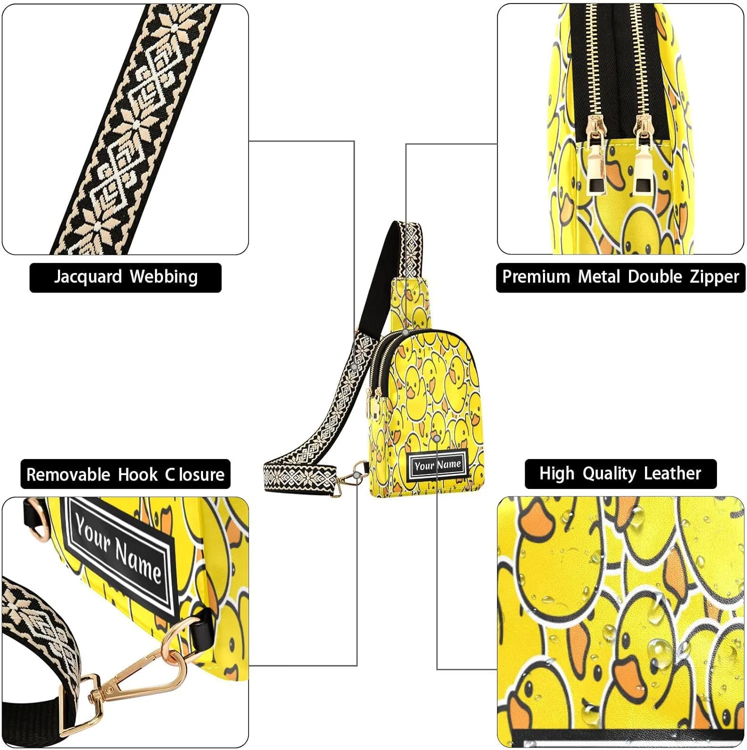 Custom Sling Bag for Women Yellow Duck Personalized Leather Crossbody Shoulder Bags Casual Backpack Chest Bag Hiking Daypack