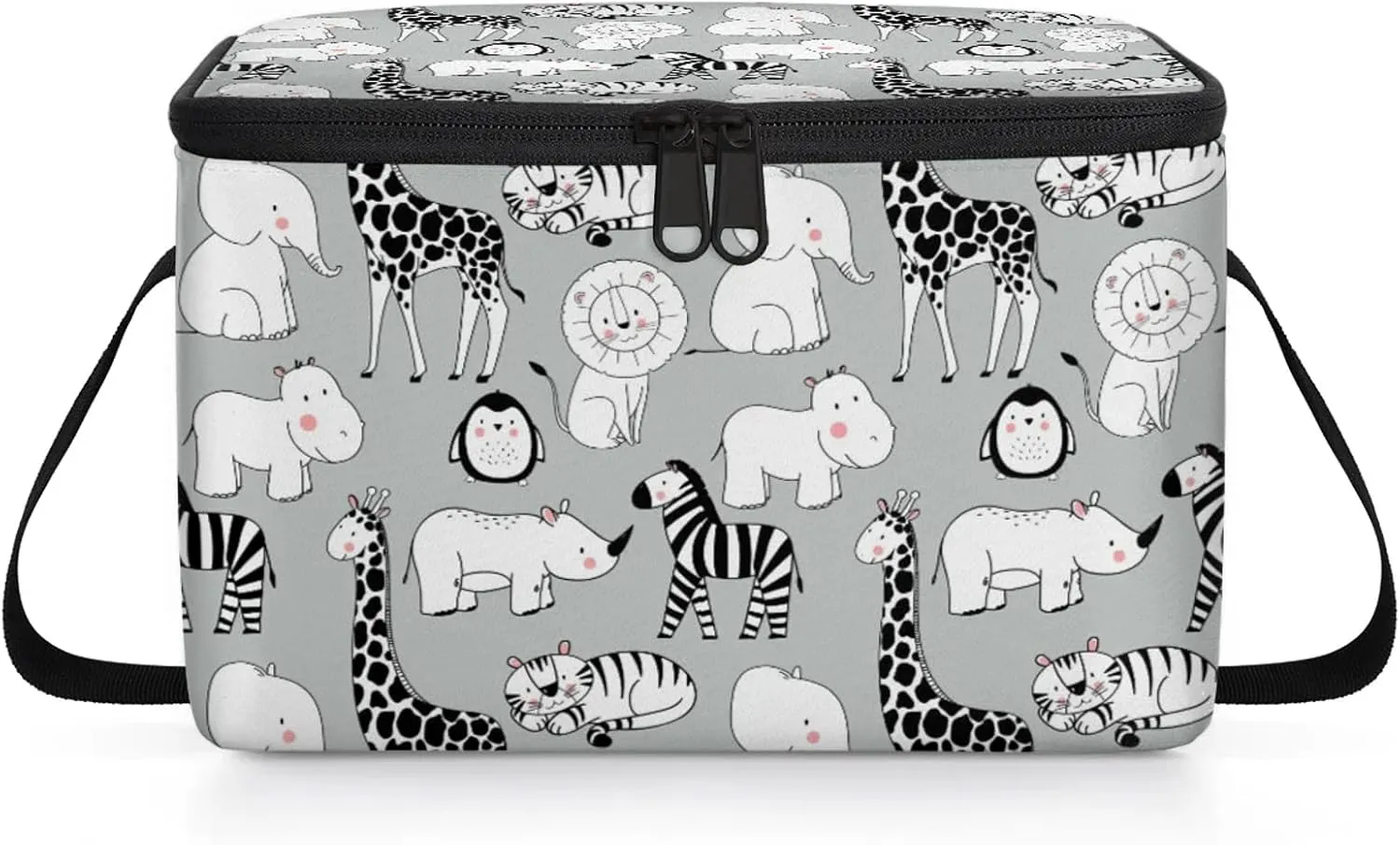 Cute Elephant Rhinoceros Zebra Penguin Lunch Bag Insulated Reusable Adult Large Lunch Box with Adjustable Shoulder and Zipper Canvas Cooler Tote Bag for Office Work Picnic Outdoor