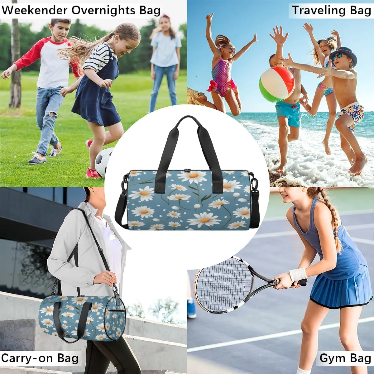 Daisy Delight Sports Duffel Bag with Shoulder Strap, Large Capacity Gym Bag with Shoe Compartment, Water Resistant Travel Duffle Bag for Men Women Travel, Sports (17.6x9x9 Inch)