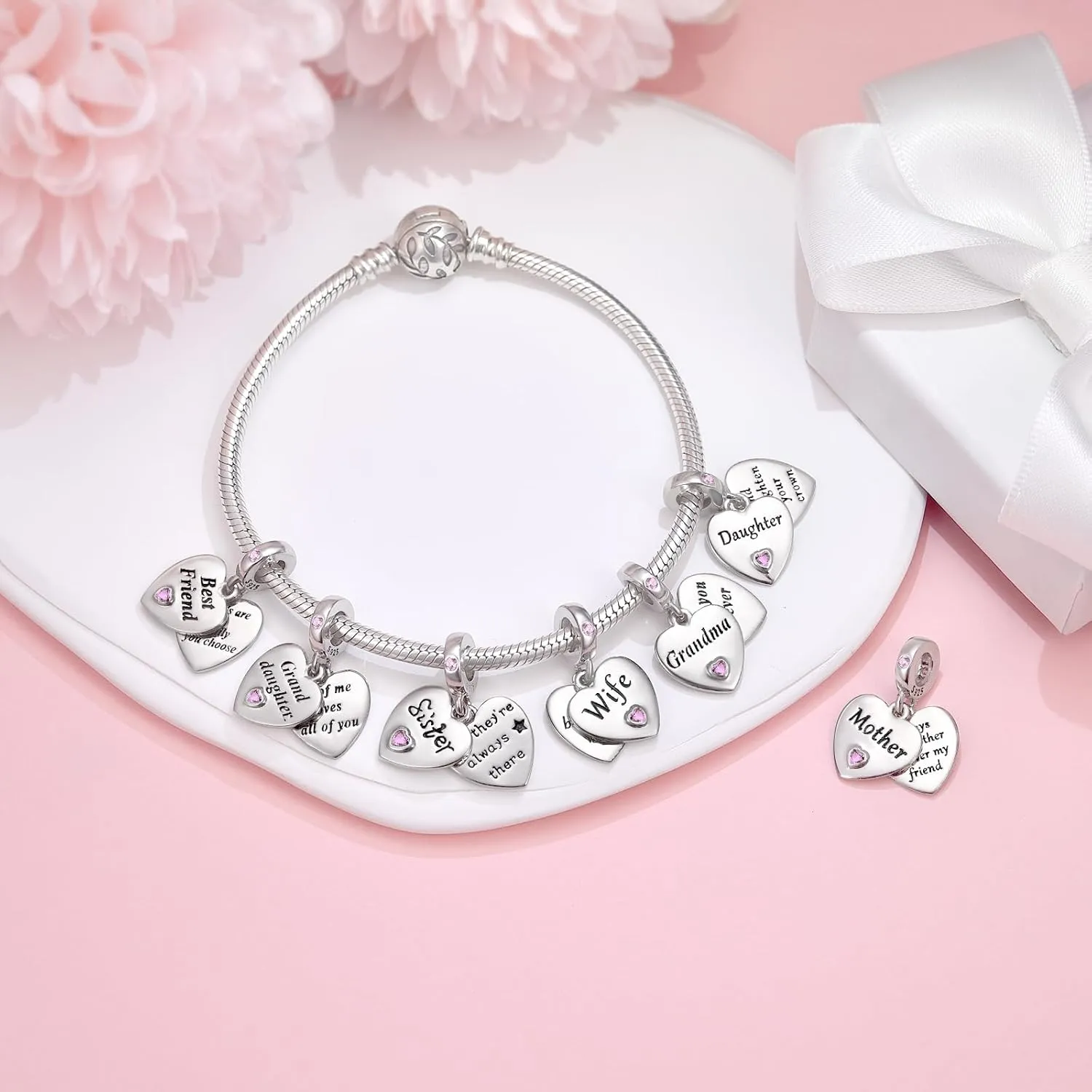 DALARAN 925 Sterling Silver Charms Mother Daughter Sister Dangle Bead for Charm Bracelet Necklace