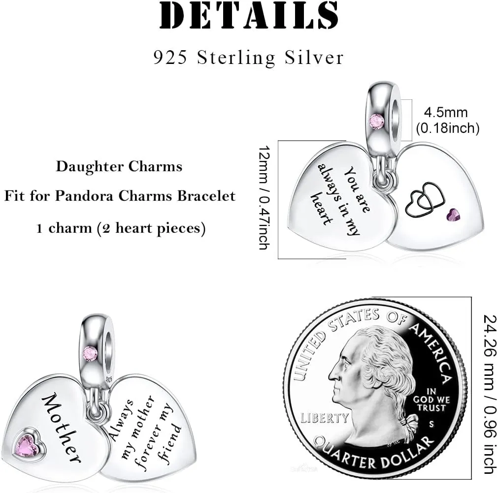 DALARAN 925 Sterling Silver Charms Mother Daughter Sister Dangle Bead for Charm Bracelet Necklace