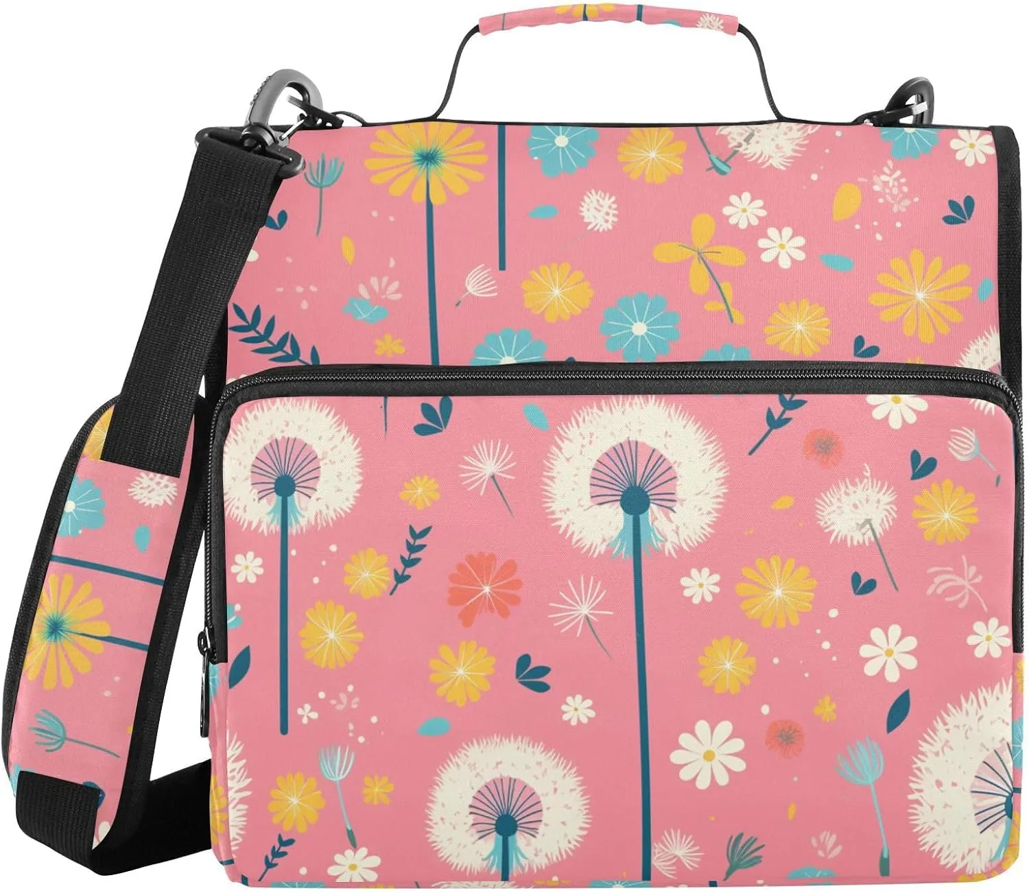 Dandelion Hot Pink 3 Rings Binder Organizer with Handle and Removable Shoulder Strap Easy to Carry Documents Files Storage Bag for School and Office