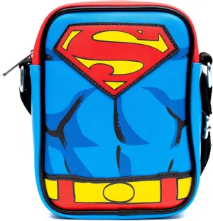 DC Comics Vegan Leather Crossbody Bag with Adjustable Straps, Superman Character Close Up with Super Logo and Belt Appliques, Blue