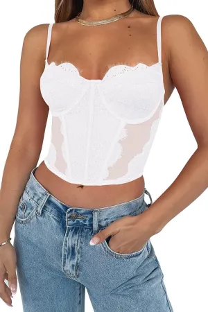Dealmore Womens Corset Top Going Out Lace Spaghetti Strap Crop Y2K Mesh Date Night Party Bustier Cami 2025