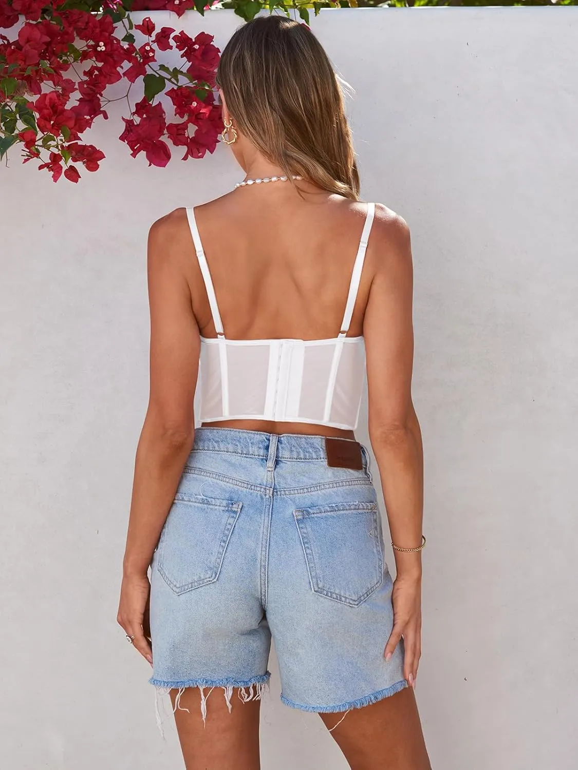 Dealmore Womens Corset Top Going Out Lace Spaghetti Strap Crop Y2K Mesh Date Night Party Bustier Cami 2025