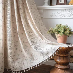Deeprove Boho Curtains for Bedroom, Cream Hollow Crochet Stripes and Florals Print Cotton Linen Fabric Patchwork, Bohemian Beige Tassel Semi-Blackout Window Panel Farmhouse Drape 1 Panel, W59 x L63
