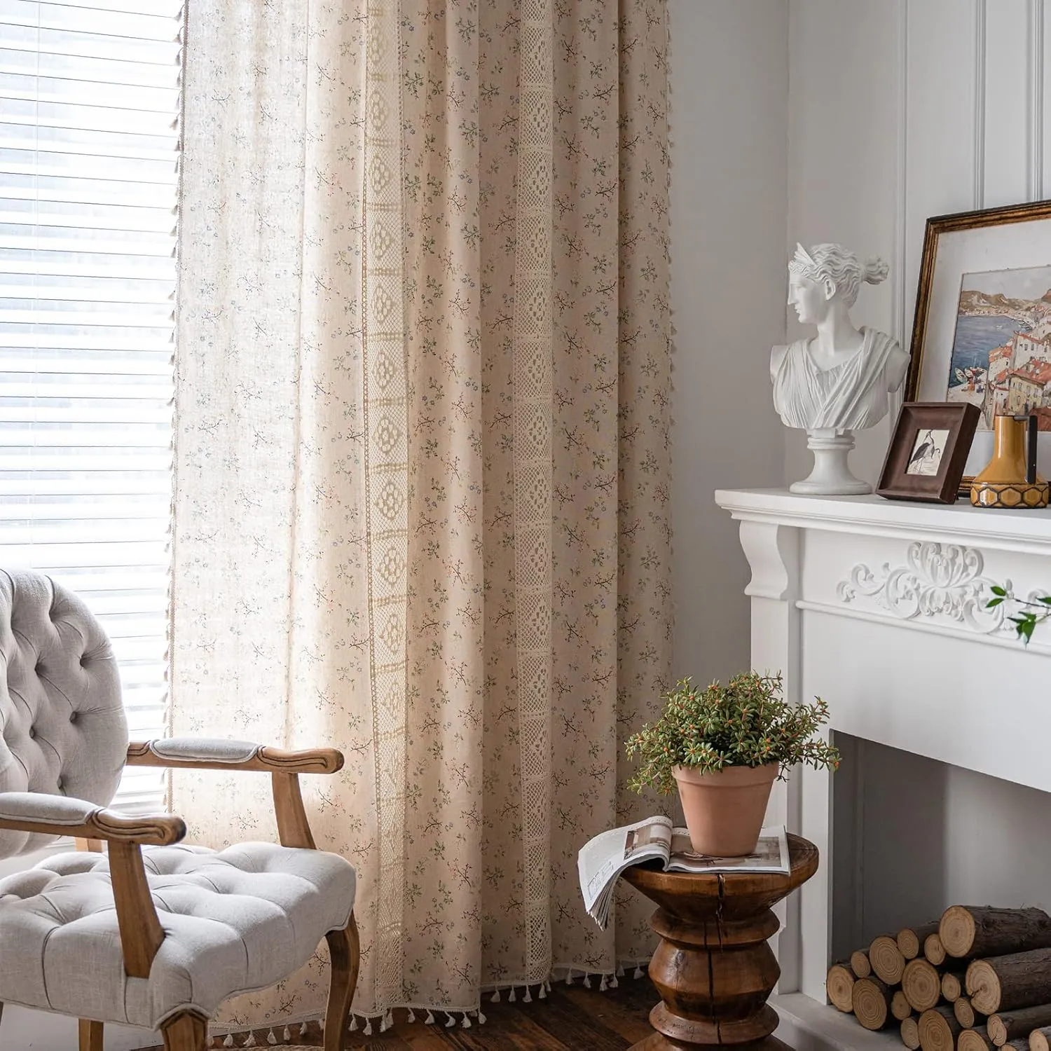Deeprove Boho Curtains for Bedroom, Cream Hollow Crochet Stripes and Florals Print Cotton Linen Fabric Patchwork, Bohemian Beige Tassel Semi-Blackout Window Panel Farmhouse Drape 1 Panel, W59 x L63