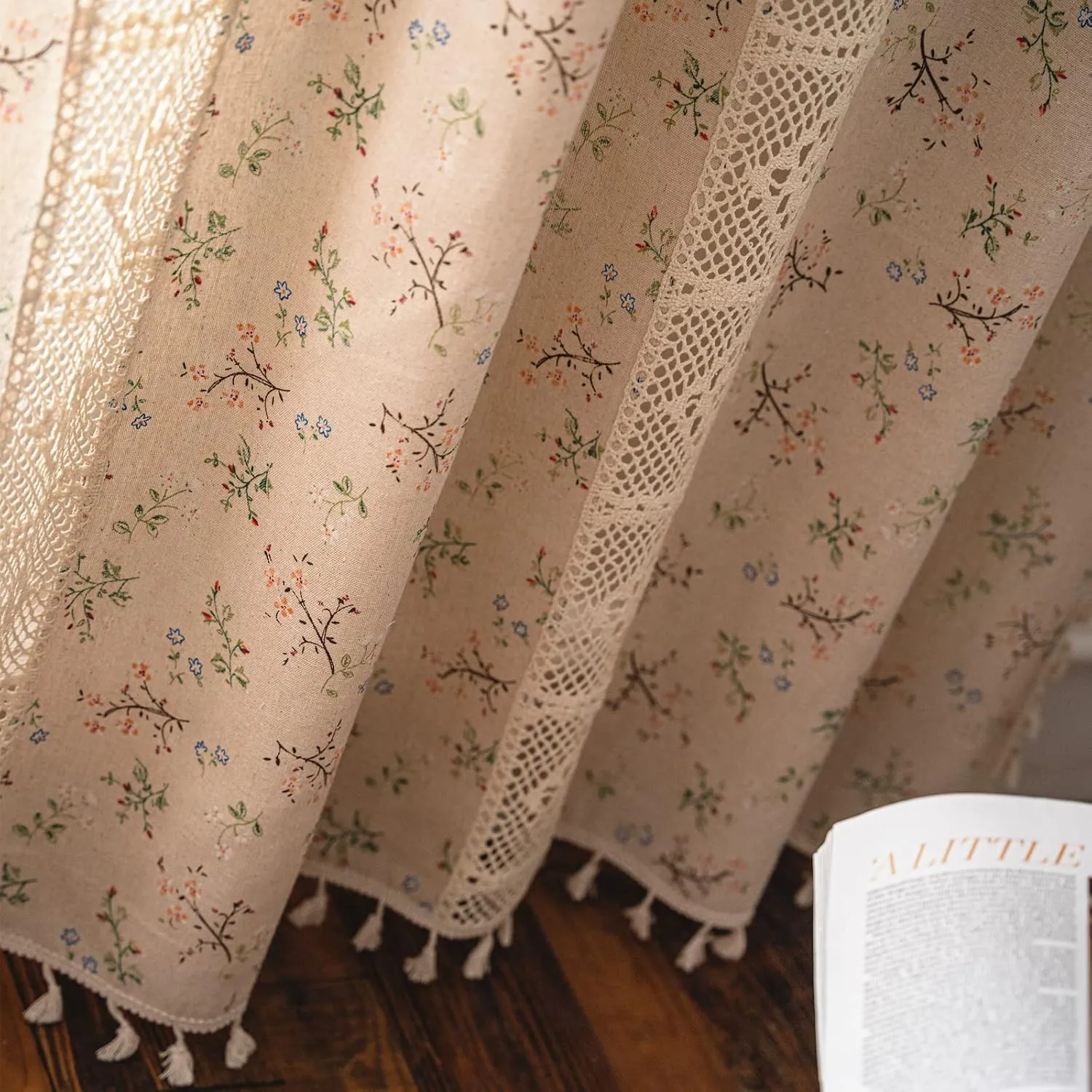 Deeprove Boho Curtains for Bedroom, Cream Hollow Crochet Stripes and Florals Print Cotton Linen Fabric Patchwork, Bohemian Beige Tassel Semi-Blackout Window Panel Farmhouse Drape 1 Panel, W59 x L63
