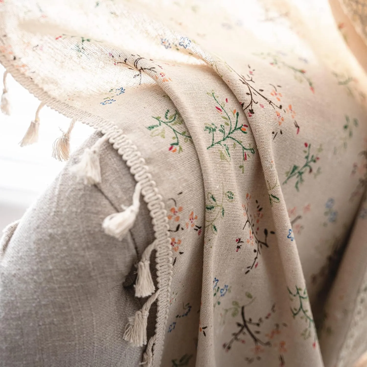 Deeprove Boho Curtains for Bedroom, Cream Hollow Crochet Stripes and Florals Print Cotton Linen Fabric Patchwork, Bohemian Beige Tassel Semi-Blackout Window Panel Farmhouse Drape 1 Panel, W59 x L63