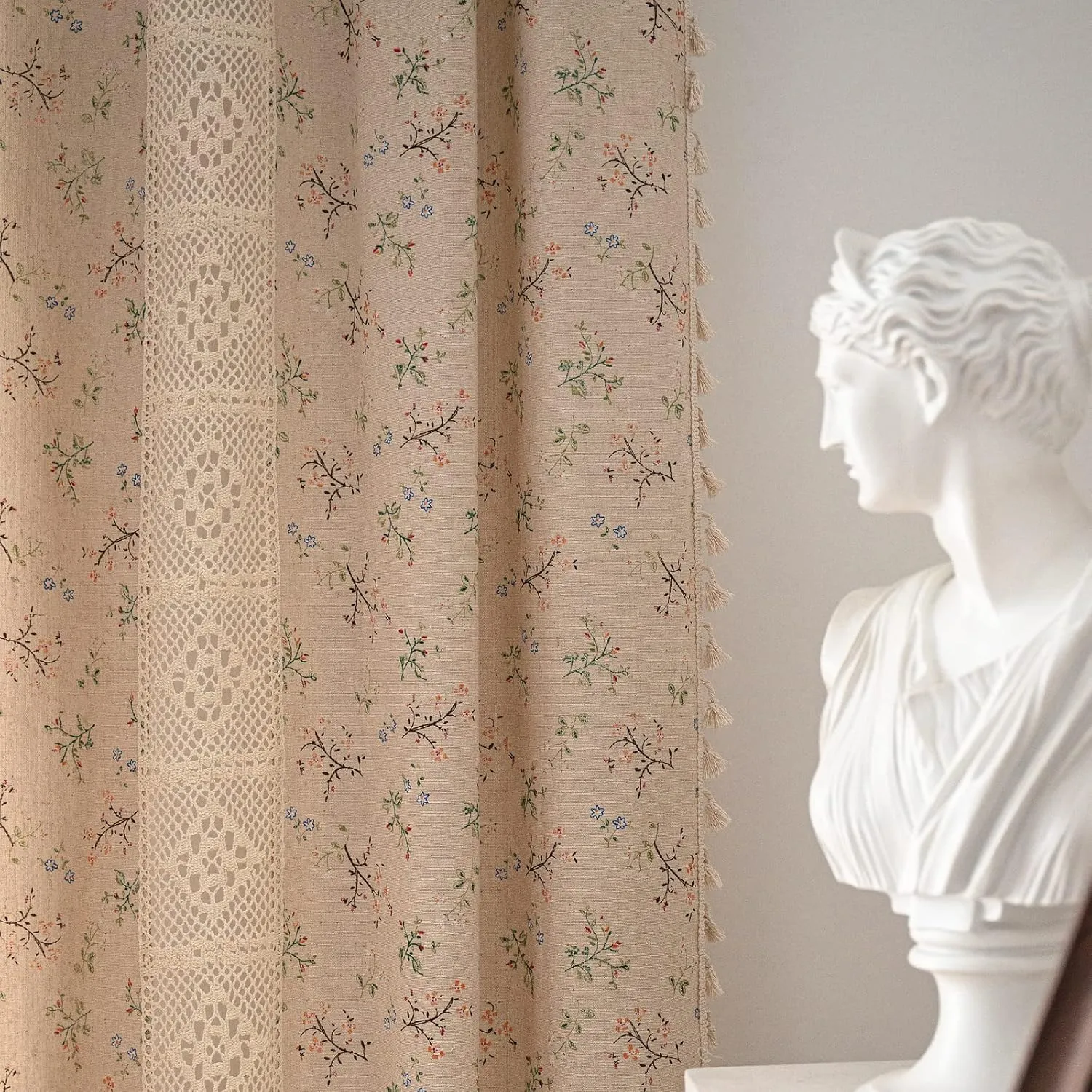 Deeprove Boho Curtains for Bedroom, Cream Hollow Crochet Stripes and Florals Print Cotton Linen Fabric Patchwork, Bohemian Beige Tassel Semi-Blackout Window Panel Farmhouse Drape 1 Panel, W59 x L63