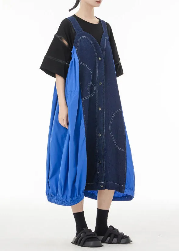 Denim Blue Patchwork Cotton Strap Dress Oversized