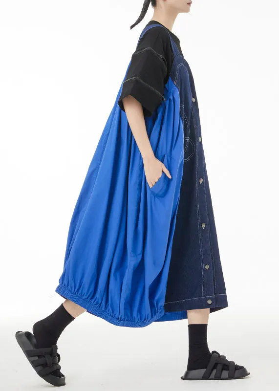 Denim Blue Patchwork Cotton Strap Dress Oversized