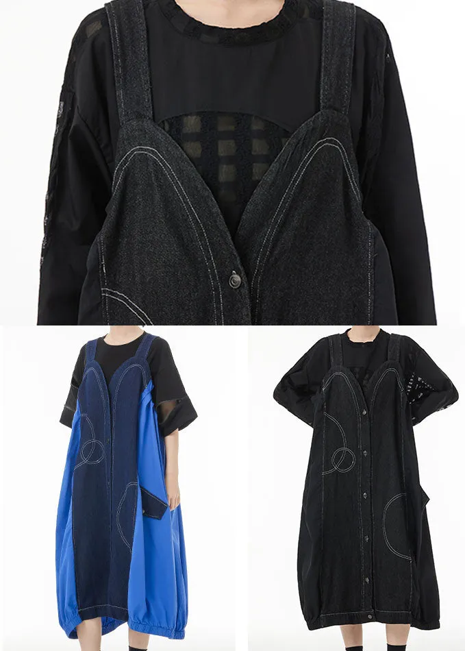 Denim Blue Patchwork Cotton Strap Dress Oversized