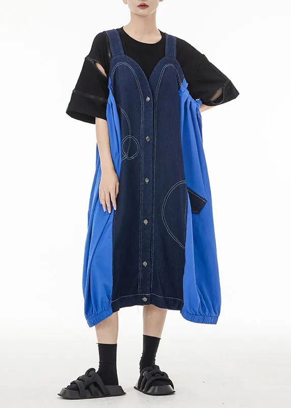 Denim Blue Patchwork Cotton Strap Dress Oversized
