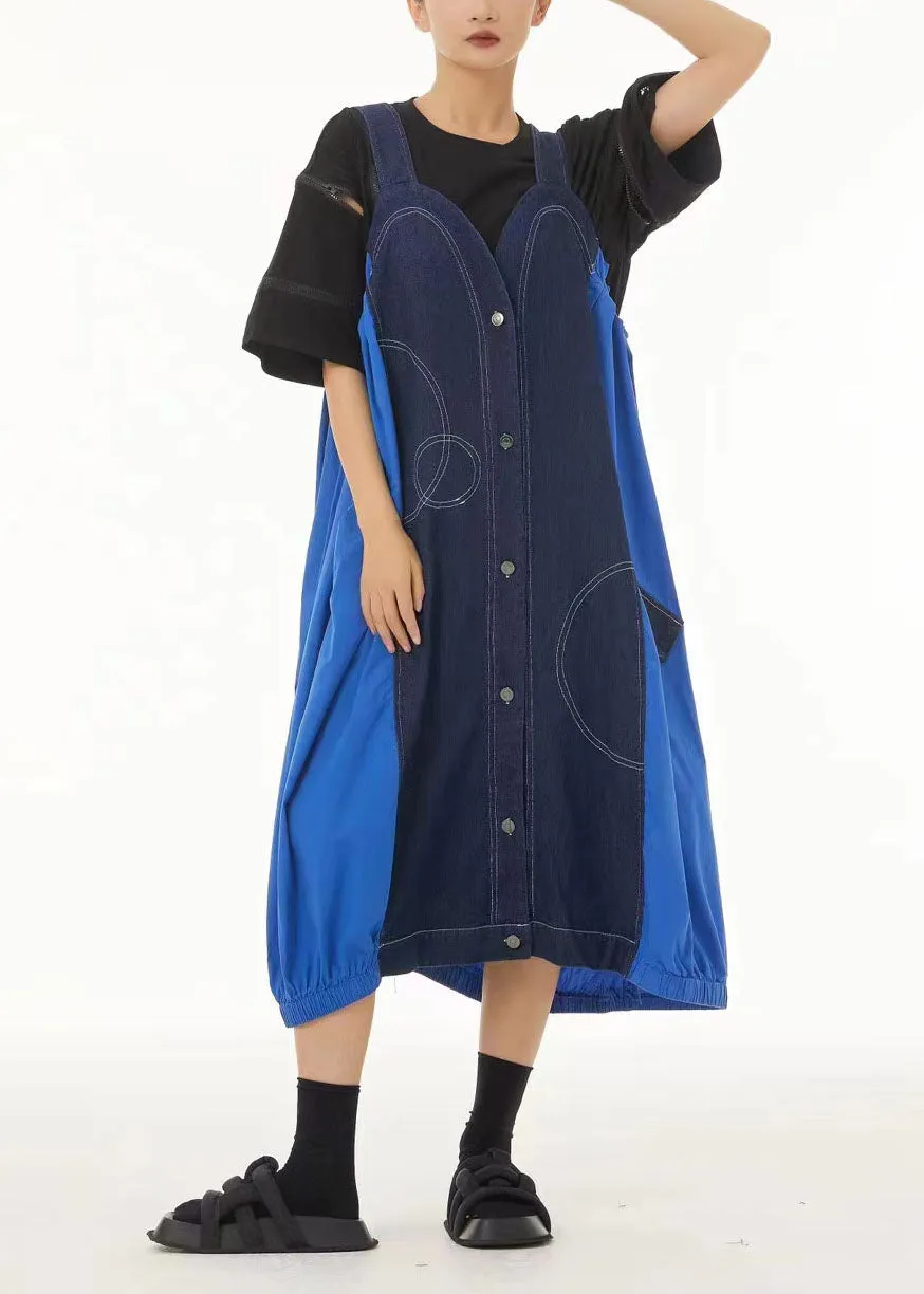 Denim Blue Patchwork Cotton Strap Dress Oversized