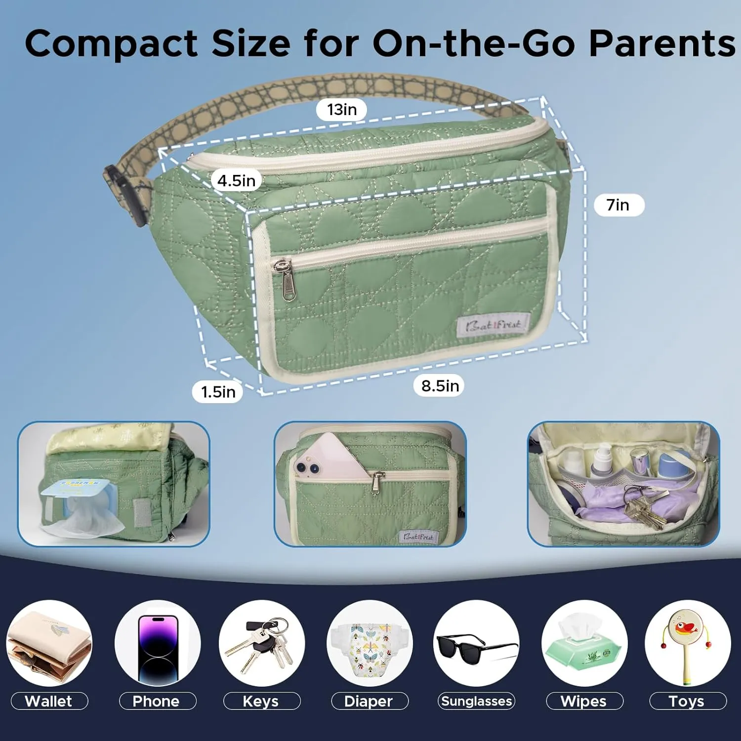Diaper Fanny Bag With Changing Pad, YKK Zippers,Wipes Pocket,Unisex,Stylish,for Excursions Short Quickly Day Out