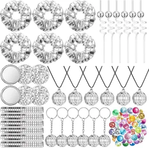 Disco Ball Necklace Party Favors Set Bulk Ball Keychains Scrunchies Mirrors Small Silver Glitter Sequin Compact Straws Slap Bracelets for Bachelorette Bridal Wedding Retro 80s 90s Birthday