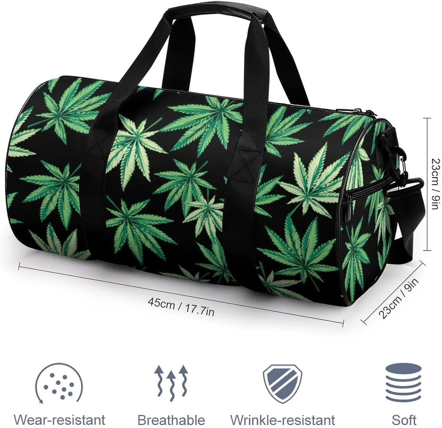 Distinct Tropical Weed Leaves Duffelbag Zipper Tote Bag Cylindrical Duffelbags Picnic Bags Easy Carry Satchels Travel Handbag Overnighter Duffles 17.7in/9in/9in