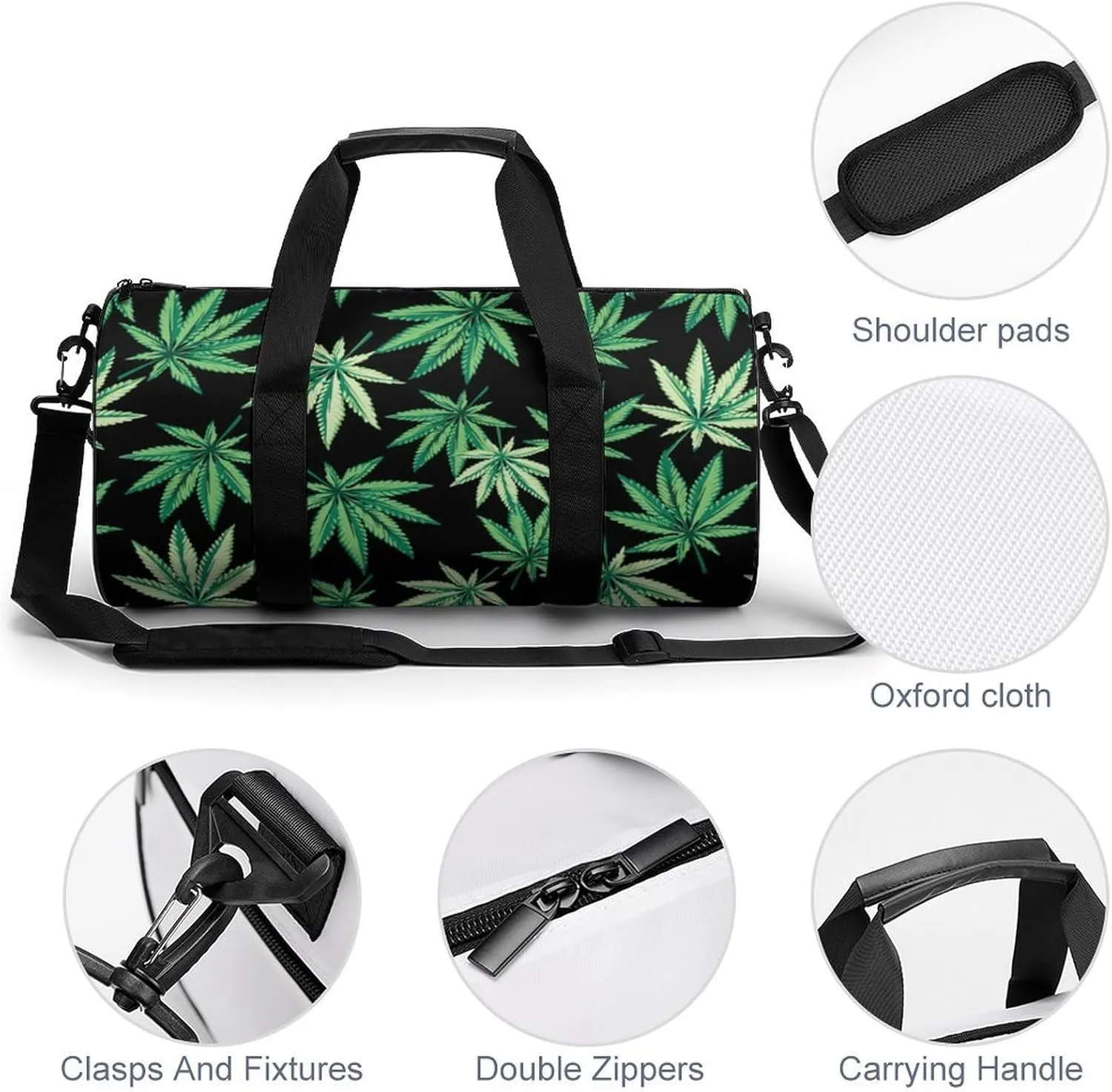 Distinct Tropical Weed Leaves Duffelbag Zipper Tote Bag Cylindrical Duffelbags Picnic Bags Easy Carry Satchels Travel Handbag Overnighter Duffles 17.7in/9in/9in