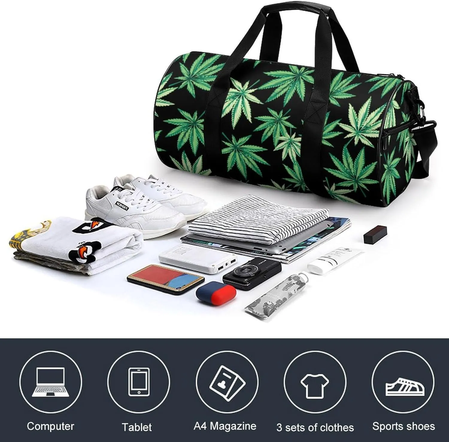 Distinct Tropical Weed Leaves Duffelbag Zipper Tote Bag Cylindrical Duffelbags Picnic Bags Easy Carry Satchels Travel Handbag Overnighter Duffles 17.7in/9in/9in