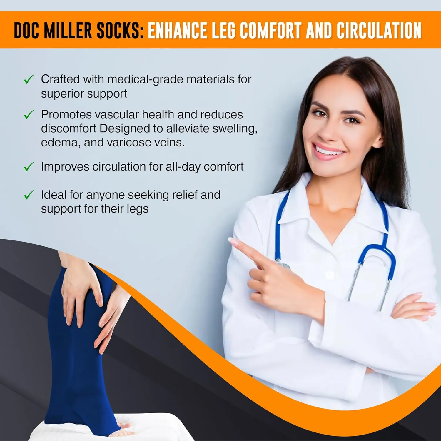 Doc Miller, Open Toe Compression Socks, 8-15 mmHg, Toeless, Support Circulation, Shin Splints, Calf Recovery, Varicose, Knee High, Medical Grade, Dark Blue Socks, X-Large Size for Men & Women, Pair