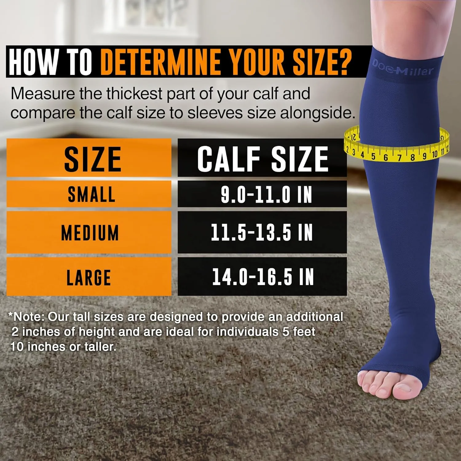 Doc Miller, Open Toe Compression Socks, 8-15 mmHg, Toeless, Support Circulation, Shin Splints, Calf Recovery, Varicose, Knee High, Medical Grade, Dark Blue Socks, X-Large Size for Men & Women, Pair