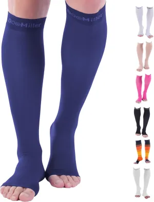 Doc Miller, Open Toe Compression Socks, 8-15 mmHg, Toeless, Support Circulation, Shin Splints, Calf Recovery, Varicose, Knee High, Medical Grade, Dark Blue Socks, X-Large Size for Men & Women, Pair