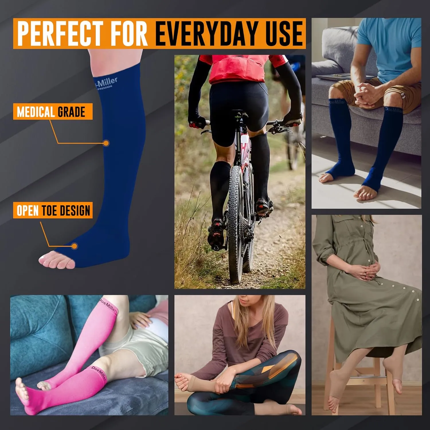 Doc Miller, Open Toe Compression Socks, 8-15 mmHg, Toeless, Support Circulation, Shin Splints, Calf Recovery, Varicose, Knee High, Medical Grade, Dark Blue Socks, X-Large Size for Men & Women, Pair