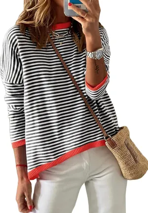 Dokotoo Long Sleeve Shirts for Women Casual Spring Crewneck Striped Color Block Shirt High Low Pullover Sweater Tops
