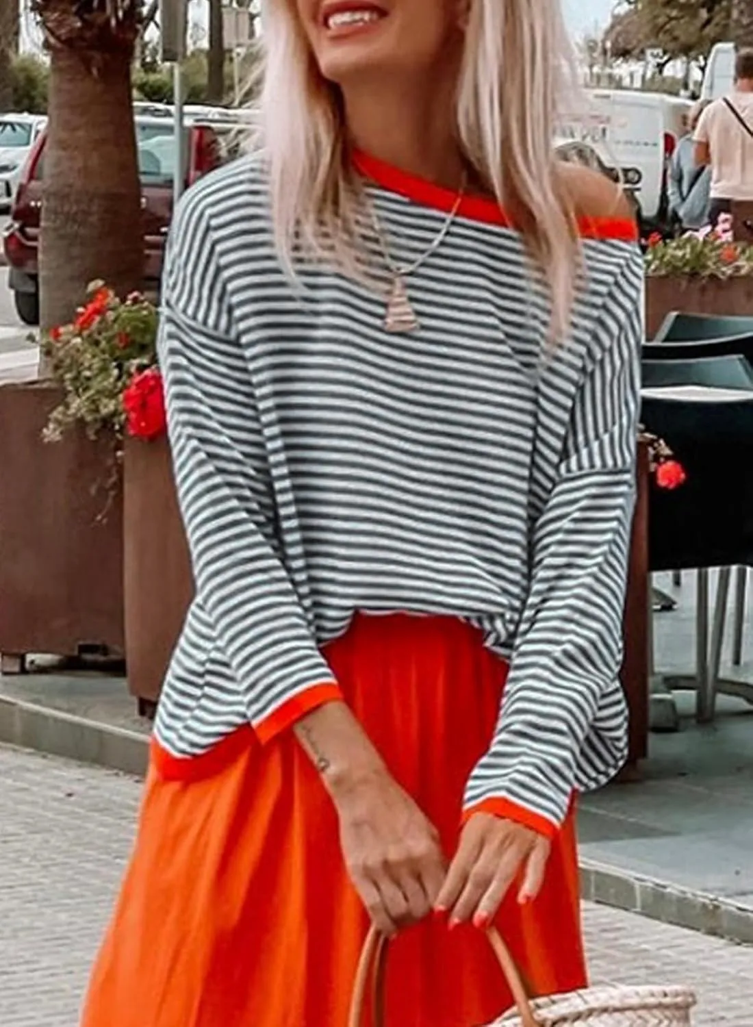 Dokotoo Long Sleeve Shirts for Women Casual Spring Crewneck Striped Color Block Shirt High Low Pullover Sweater Tops