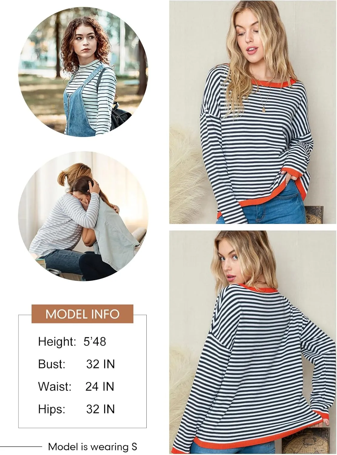Dokotoo Long Sleeve Shirts for Women Casual Spring Crewneck Striped Color Block Shirt High Low Pullover Sweater Tops