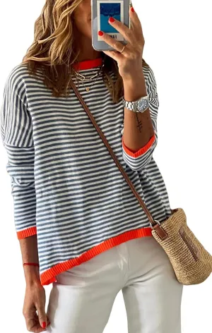 Dokotoo Long Sleeve Shirts for Women Casual Spring Crewneck Striped Color Block Shirt High Low Pullover Sweater Tops