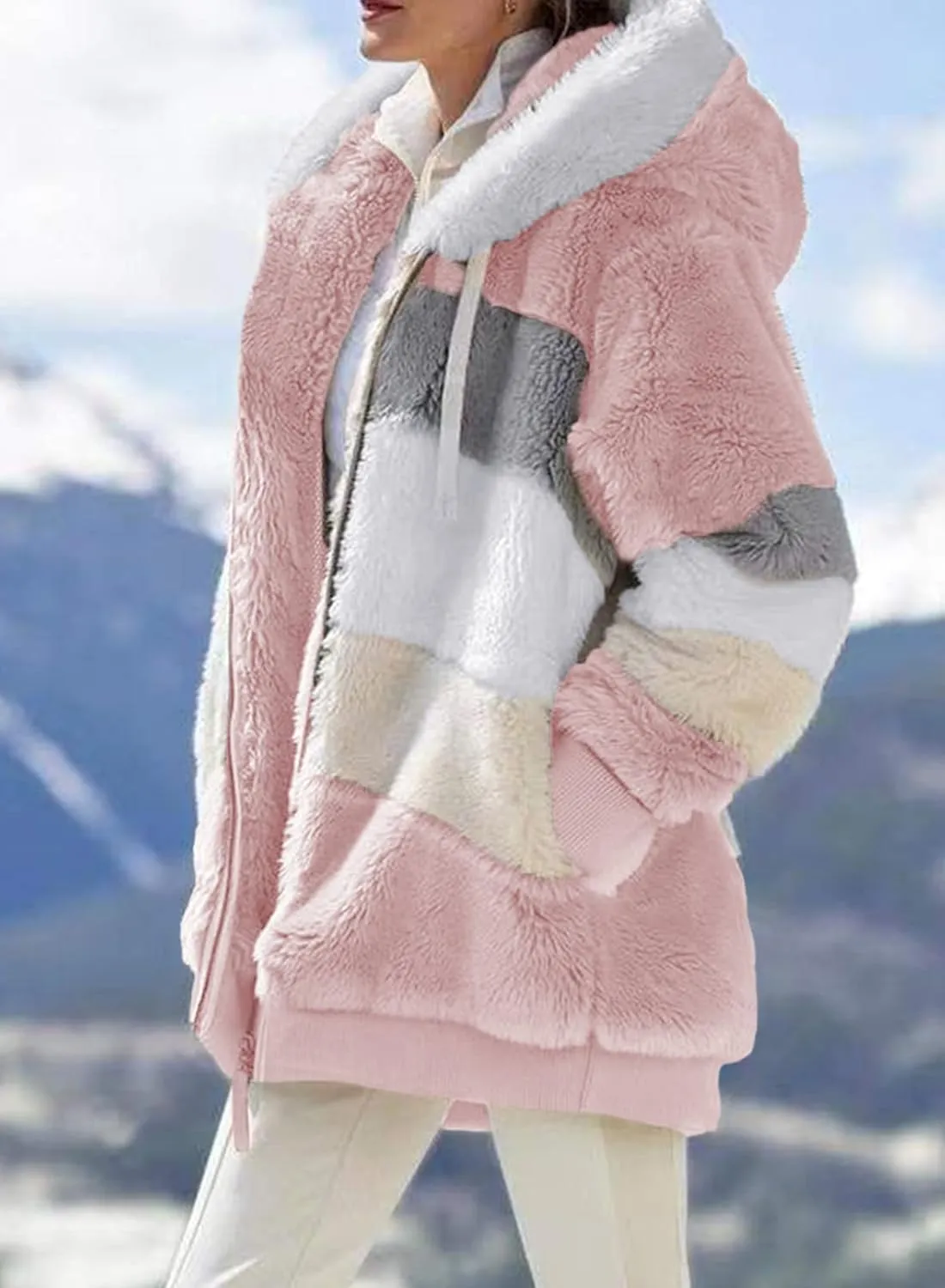 Dokotoo Womens 2024 Winter Fuzzy Fleece Jacket Hooded Color Block Patchwork Cardigan Coats Outerwear with Pockets