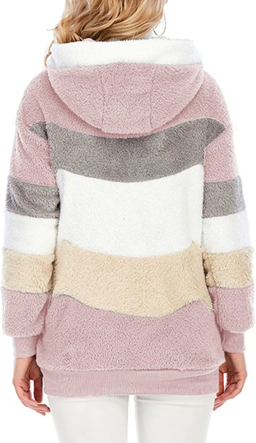 Dokotoo Womens 2024 Winter Fuzzy Fleece Jacket Hooded Color Block Patchwork Cardigan Coats Outerwear with Pockets