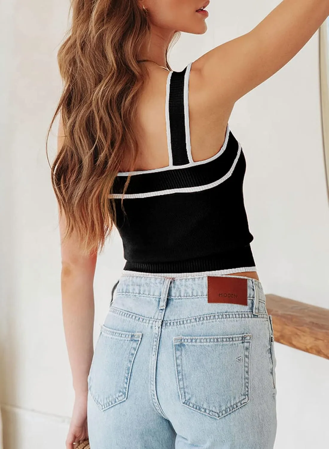 Dokotoo Women's Square Neck Knit Crop Tank Tops 2025 Slim Fit Y2K Color Block Sleeveless Cami Shirts