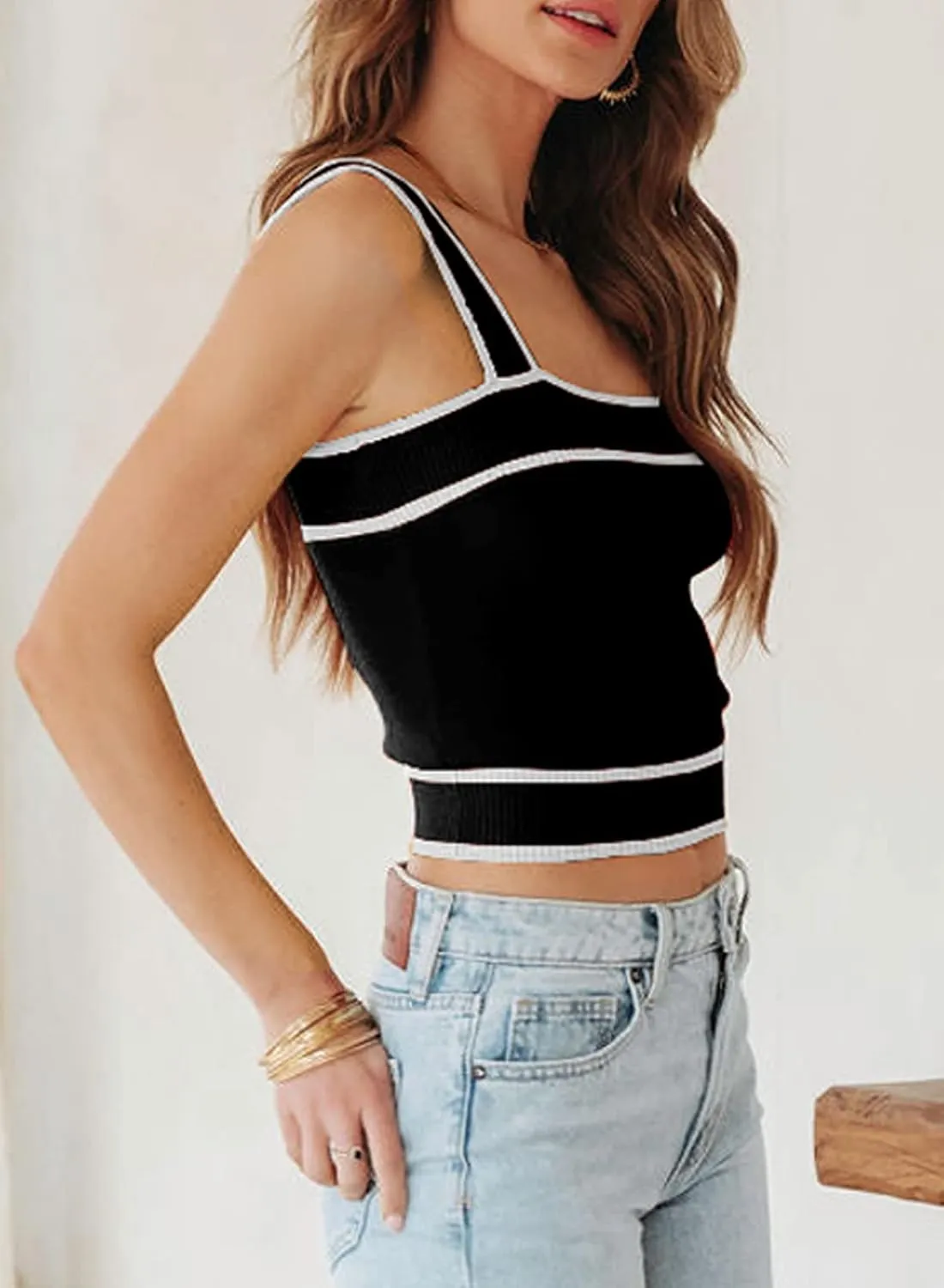 Dokotoo Women's Square Neck Knit Crop Tank Tops 2025 Slim Fit Y2K Color Block Sleeveless Cami Shirts