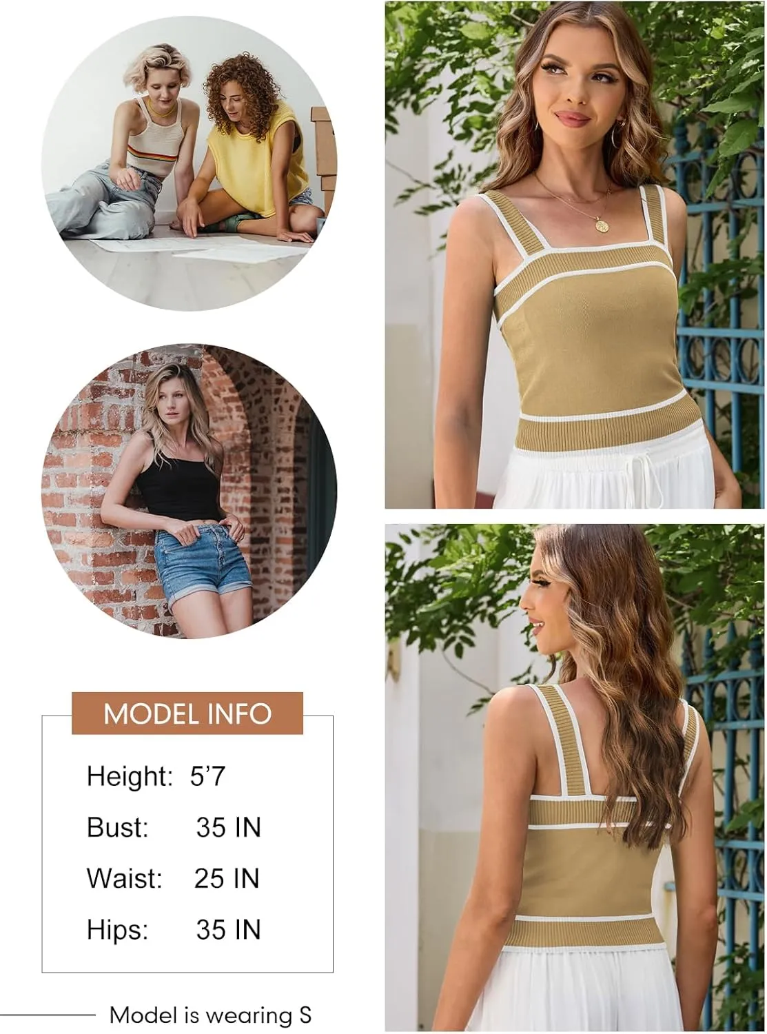 Dokotoo Women's Square Neck Knit Crop Tank Tops 2025 Slim Fit Y2K Color Block Sleeveless Cami Shirts